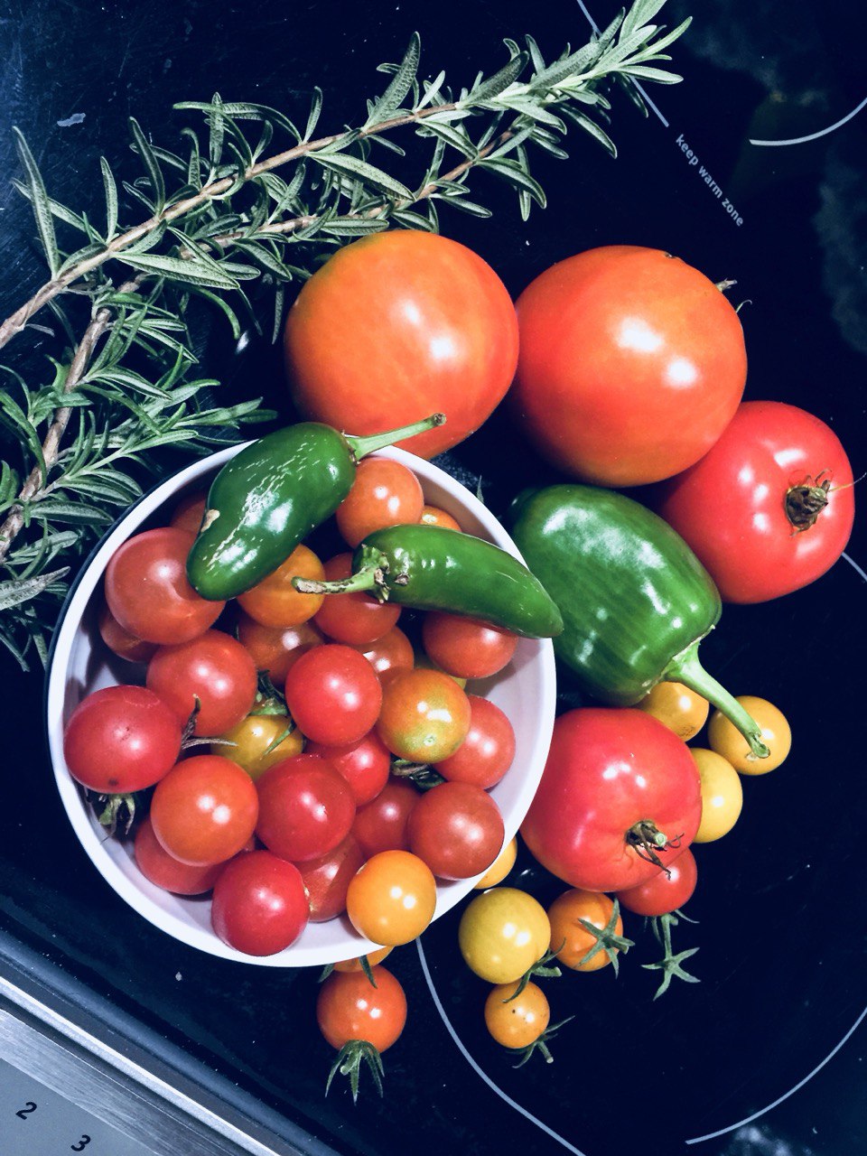 Bowl of cherry tomatoes, slicers, jalapeños, and rosemary